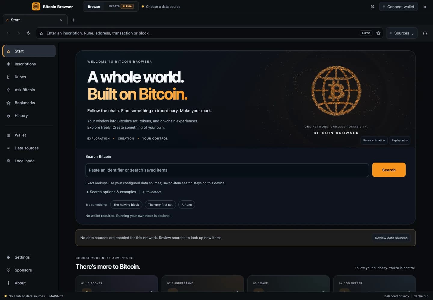 Bitcoin Browser animated Start introduction, native search and Create Alpha navigation